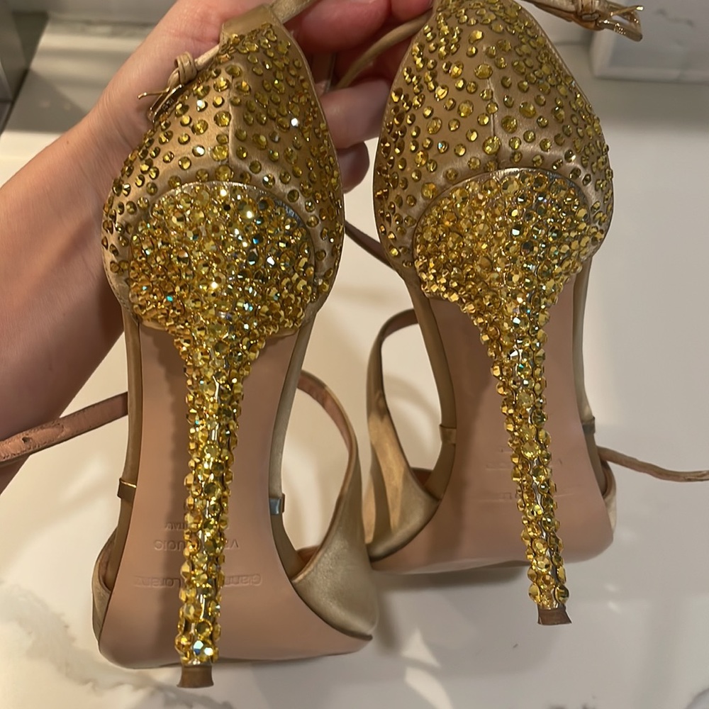 RARE GIANMARCO LORENZI COUTURE GOLD SWAROWSKI HEELS SIZE36 (Made in Italy) $Firm